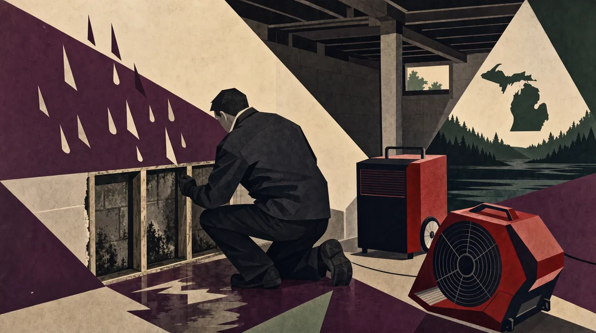 Flat poster-style illustration of a technician opening a wet basement wall beside a dehumidifier and an air mover